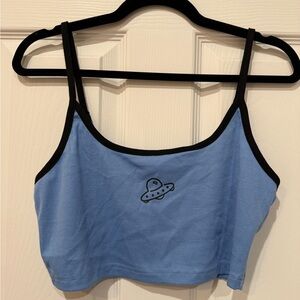 Blue Rib-Knit Cropped Cami Top with Cute Spaceship Design and Black Straps NWOT